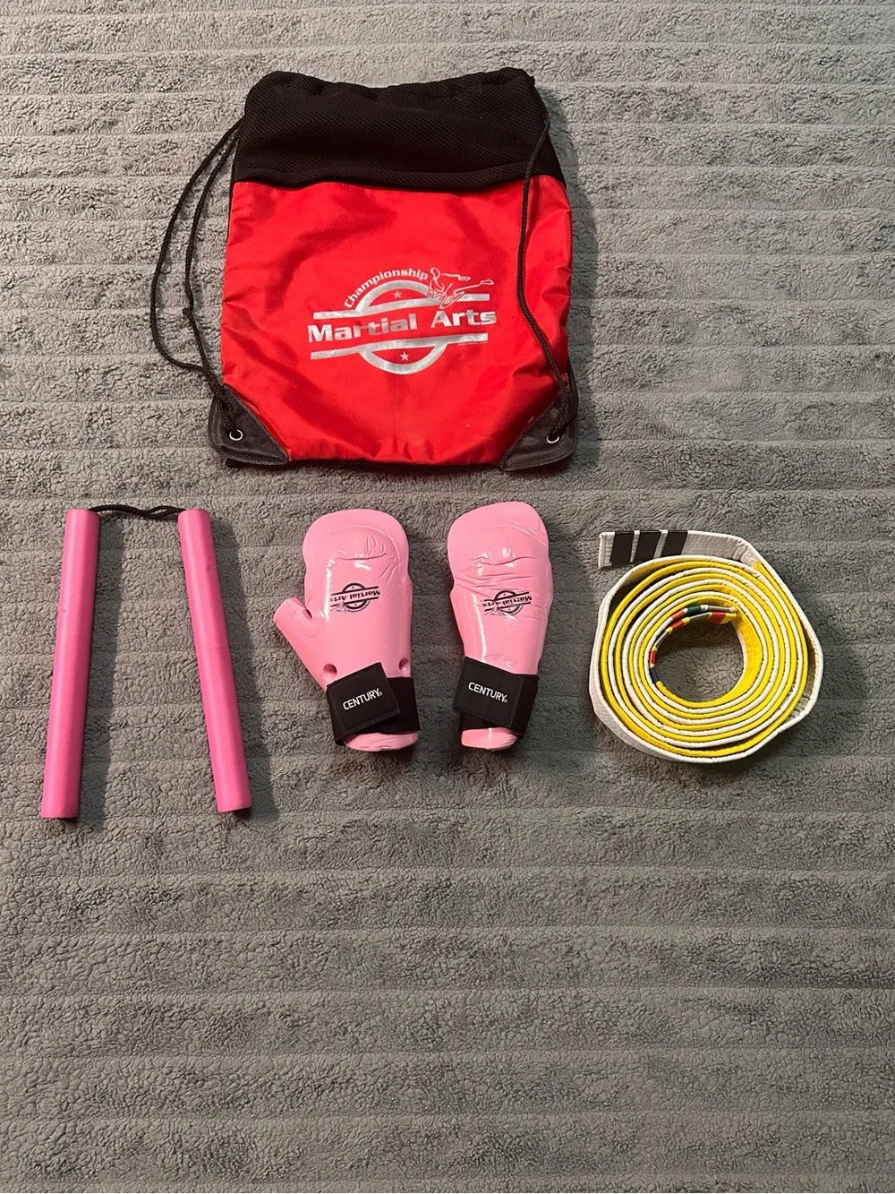 Kids Martial Arts Karate complete set Sparring Gloves, nutchucks, belts.